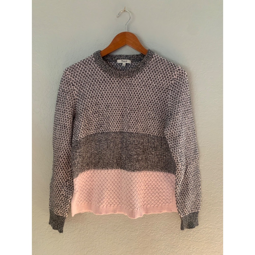 Madewell Crewneck Sweater Checkpoint Women's Med Gray Pink Colorblock Knit